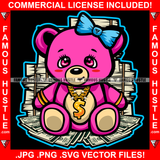 Cash Only Cute Female Gangster Teddy Bear Gold Jewelry Bow Money Stacks Hip Hop Rap Plug Trap Street Hood Ghetto Swag Hustler Hustling Drip Boss Famous Hustle Art Graphic Design Logo Print Printing Vector SVG Cut File