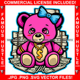 Cash Only Cute Female Gangster Teddy Bear Gold Jewelry Bow Money Stacks Hip Hop Rap Plug Trap Street Hood Ghetto Swag Hustler Hustling Drip Boss Famous Hustle Art Graphic Design Logo Print Printing Vector SVG Cut File