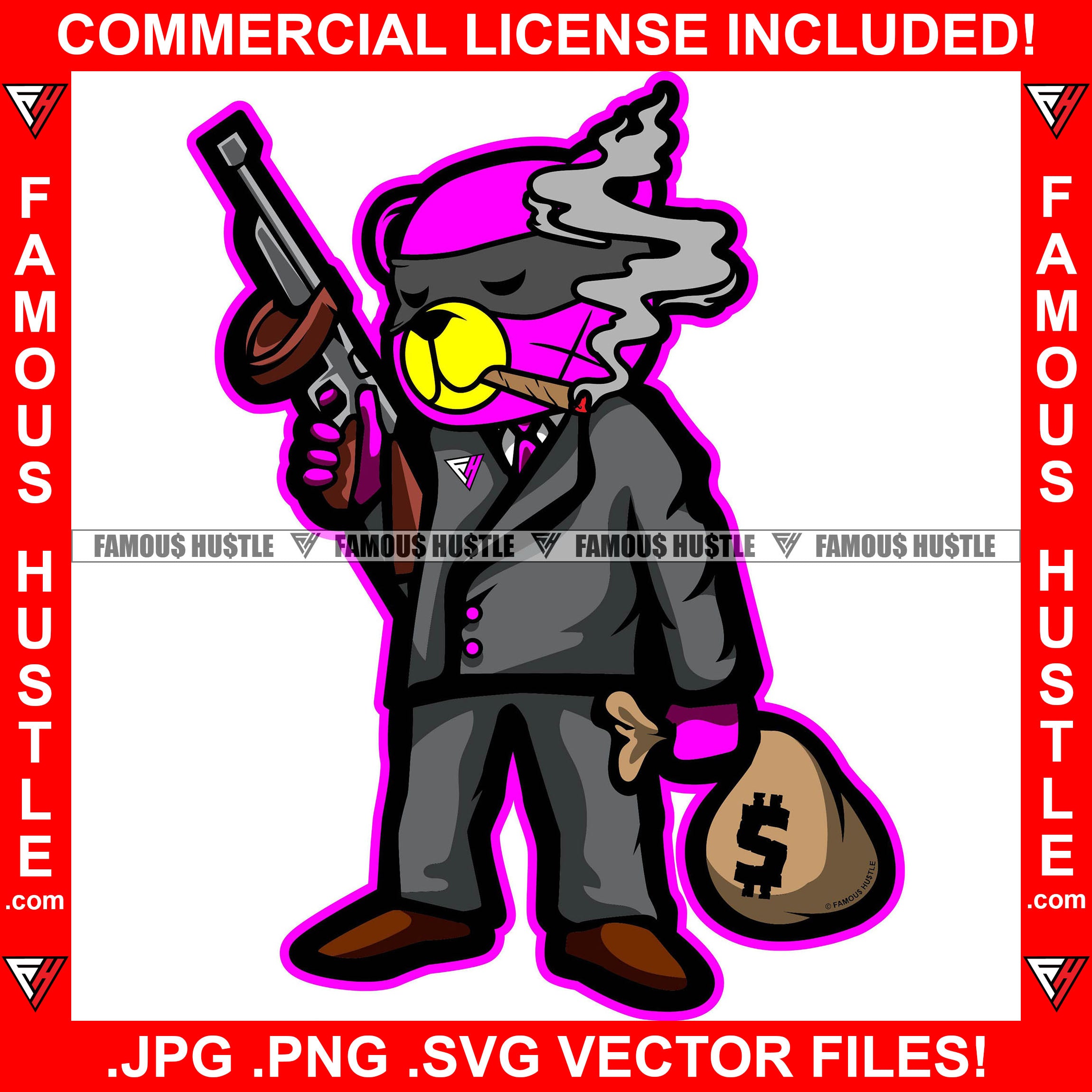 Gangster Teddy Bear Scar Face Smoking Cigar Blunt Black Suit Boss Burglar Eye Mask Cash Money Bag Machine Gun Tattoo Hip Hop Rap Trap Hustler Famous Hustle Hustling Art Graphic Design Logo T-Shirt Print Printing JPG PNG SVG Vector Cut File