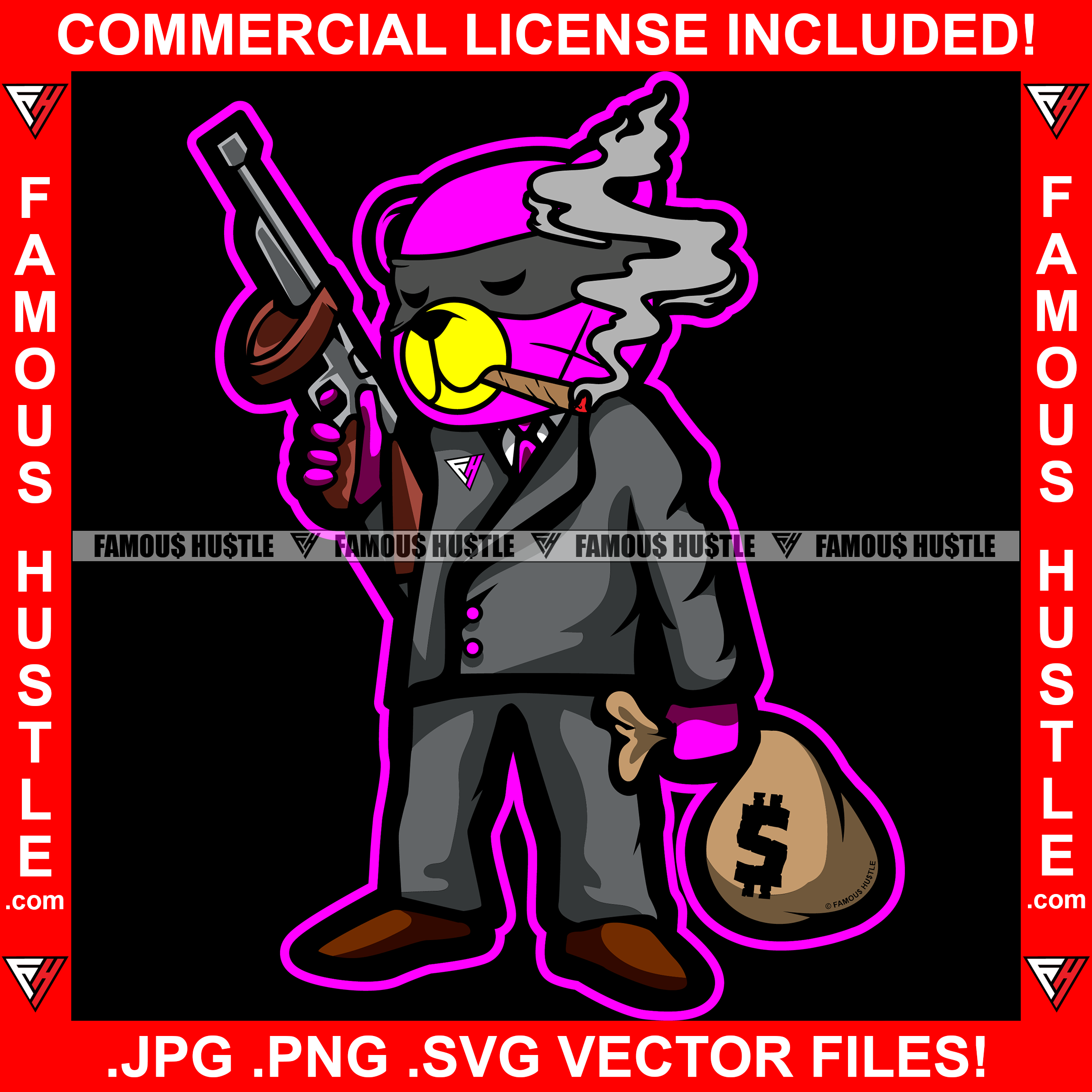 Gangster Teddy Bear Scar Face Smoking Cigar Blunt Black Suit Boss Burglar Eye Mask Cash Money Bag Machine Gun Tattoo Hip Hop Rap Trap Hustler Famous Hustle Hustling Art Graphic Design Logo T-Shirt Print Printing JPG PNG SVG Vector Cut File