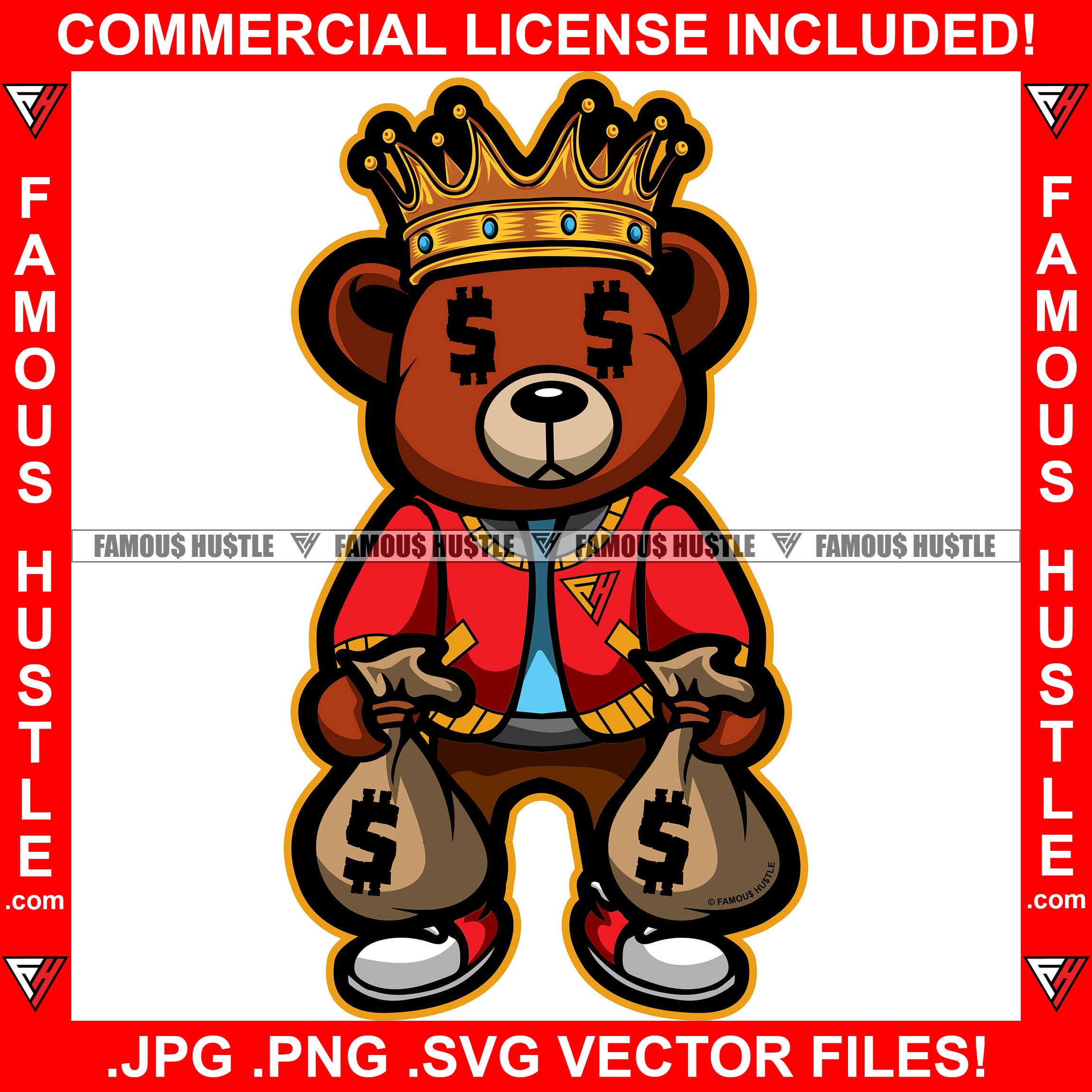 Hustle Gangster Teddy Bear King Dollar Sign Eyes Two Money Bags School Letter Jacket Hip Hop Rap Rapper Plug Trap Street Hood Ghetto Swag Thug Hustler Hustling Famous Hustle Rich Art Graphic Design Logo T-Shirt Print Printing JPG PNG SVG Vector Cut File
