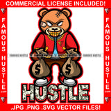 Hustle Orange Teddy Bear White Eyes Mean Face Gold Teeth Stitches Two Money Bags Plug Trap Street Hood Ghetto Swag Thug Hustler Hustling Drip Boss Famous Quote Badass Art Graphic Design Logo T-Shirt Print Printing JPG PNG SVG Vector Cut File
