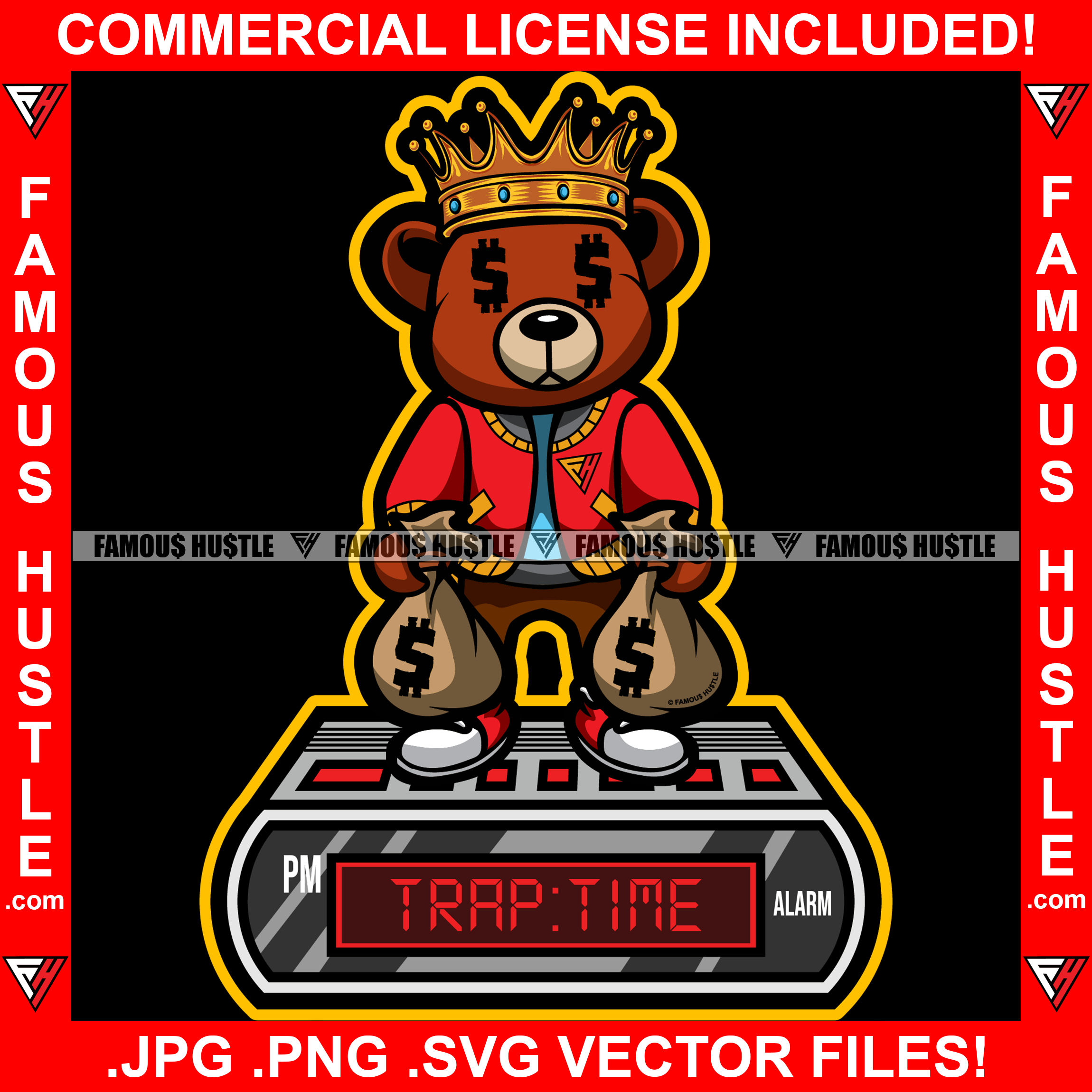 Time Trap Digital Clock Famous Hustle Gangster Teddy Bear King Dollar Sign Eye Crown College School Letter Jacket Cash Money Bags Hip Hop Rap Trap Hustler Drip Famous Hustle Quote Art Graphic Design Logo T-Shirt Print Printing JPG PNG SVG Vector Cut File