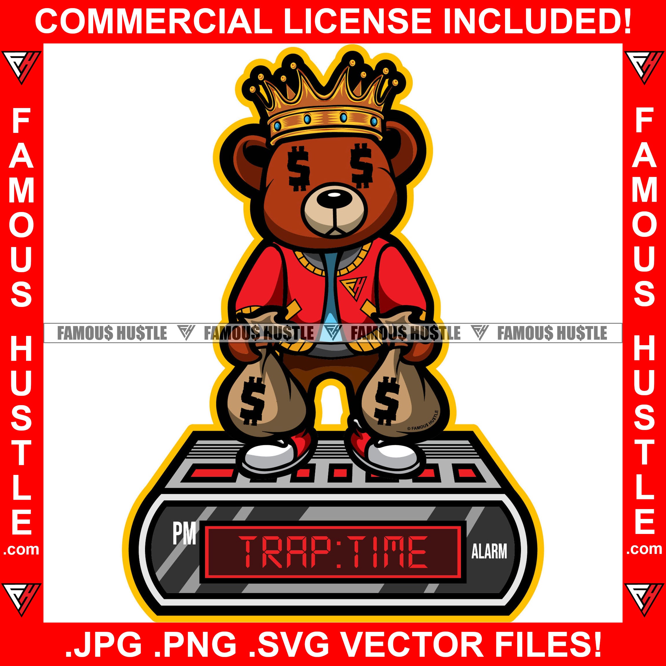 Time Trap Digital Clock Famous Hustle Gangster Teddy Bear King Dollar Sign Eye Crown College School Letter Jacket Cash Money Bags Hip Hop Rap Trap Hustler Drip Famous Hustle Quote Art Graphic Design Logo T-Shirt Print Printing JPG PNG SVG Vector Cut File