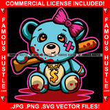 Brazen Cute Female Gangster Teddy Bear Bloody Baseball Bat Gold Dollar Sign Necklace Jewelry Bow Drip Swag Plug Trap Hood Thug Gang Street Famous Art Graphic Design Logo T-Shirt Print Printing JPG PNG SVG Vector Cut File