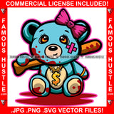 Brazen Cute Female Gangster Teddy Bear Bloody Baseball Bat Gold Dollar Sign Necklace Jewelry Bow Drip Swag Plug Trap Hood Thug Gang Street Famous Art Graphic Design Logo T-Shirt Print Printing JPG PNG SVG Vector Cut File