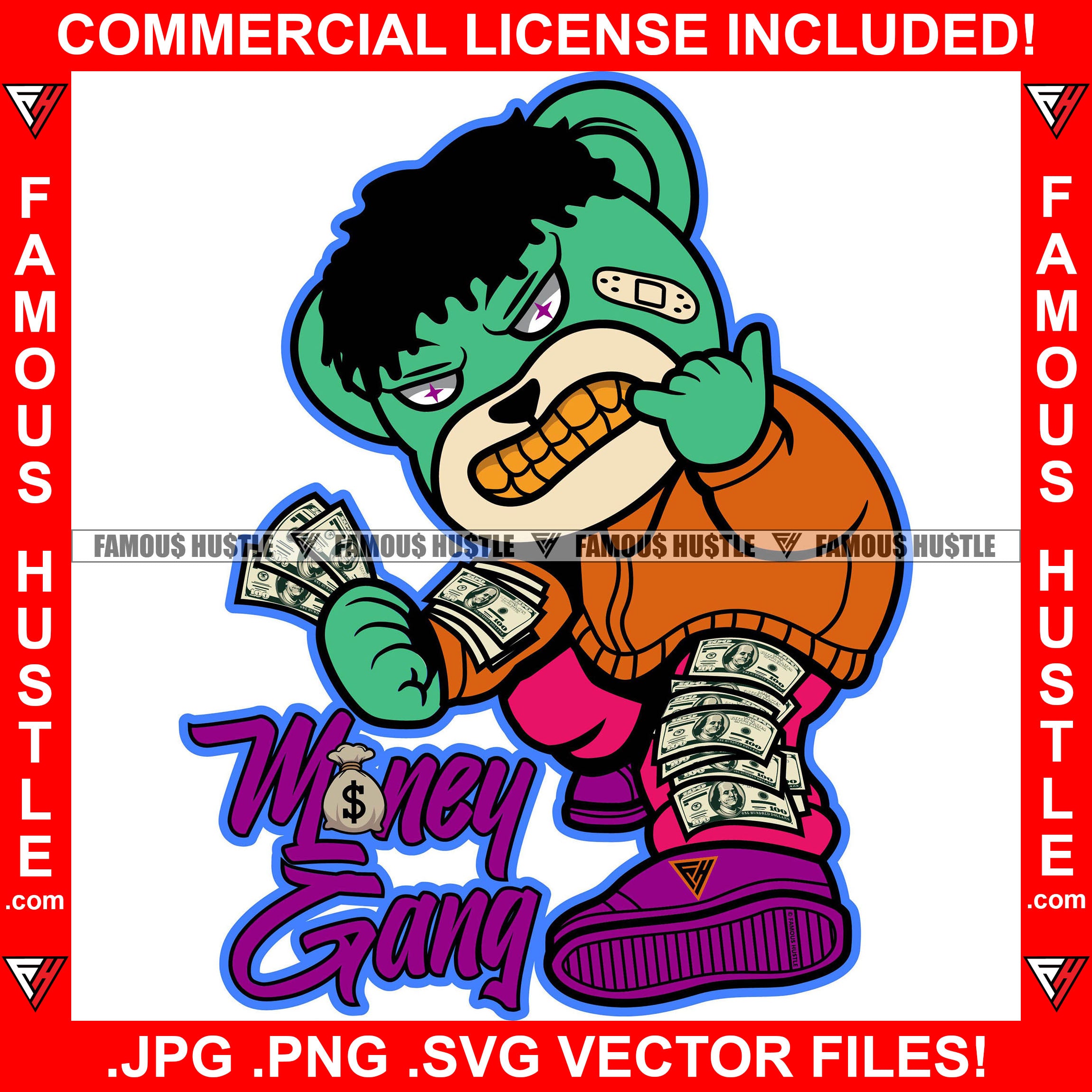 Money Gang Gangster Hustle Teddy Bear Spreading Cash Money Spread Body Showing Gold Teeth Hip Hop Rap Rapper Trap Street Hood Ghetto Swag Thug Hustler Hustling Flex Drip Boss Famous Hustle Quote Art Graphic Design Print Printing Vector SVG Cut File
