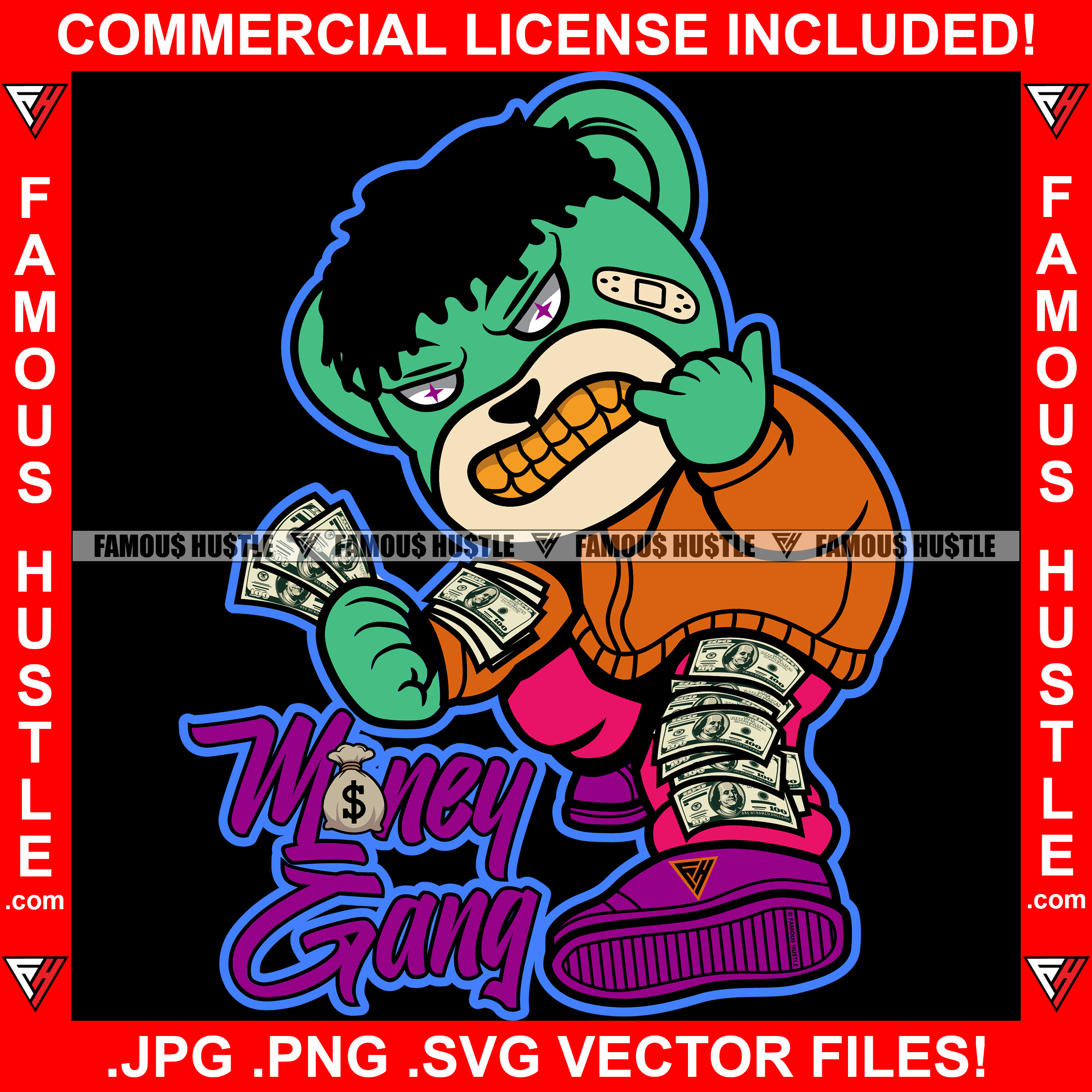 Money Gang Gangster Hustle Teddy Bear Spreading Cash Money Spread Body Showing Gold Teeth Hip Hop Rap Rapper Trap Street Hood Ghetto Swag Thug Hustler Hustling Flex Drip Boss Famous Hustle Quote Art Graphic Design Print Printing Vector SVG Cut File
