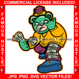 Gangster Green Teddy Bear White Eyes Smoking Spreading Money On Arm Leg  Famous Hustle Hip Hop Rap Trap Hustler Hustling Sauce Dope Mafi Mob Art Graphic Design Logo T-Shirt Print Printing JPG PNG SVG Vector Cut File