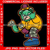 Gangster Green Teddy Bear White Eyes Smoking Spreading Money On Arm Leg  Famous Hustle Hip Hop Rap Trap Hustler Hustling Sauce Dope Mafi Mob Art Graphic Design Logo T-Shirt Print Printing JPG PNG SVG Vector Cut File