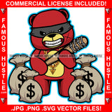 Hustle Gangster Mean Teddy Bear Scar Face Gold Necklace Burglar Eye Mask Baseball Bat Cash Money Bags Demon Rapper Dope Baller Trapper Hustling Flex Dripping Famous Baller Art Graphic Design Logo T-Shirt Print Printing JPG PNG SVG Vector Cut File