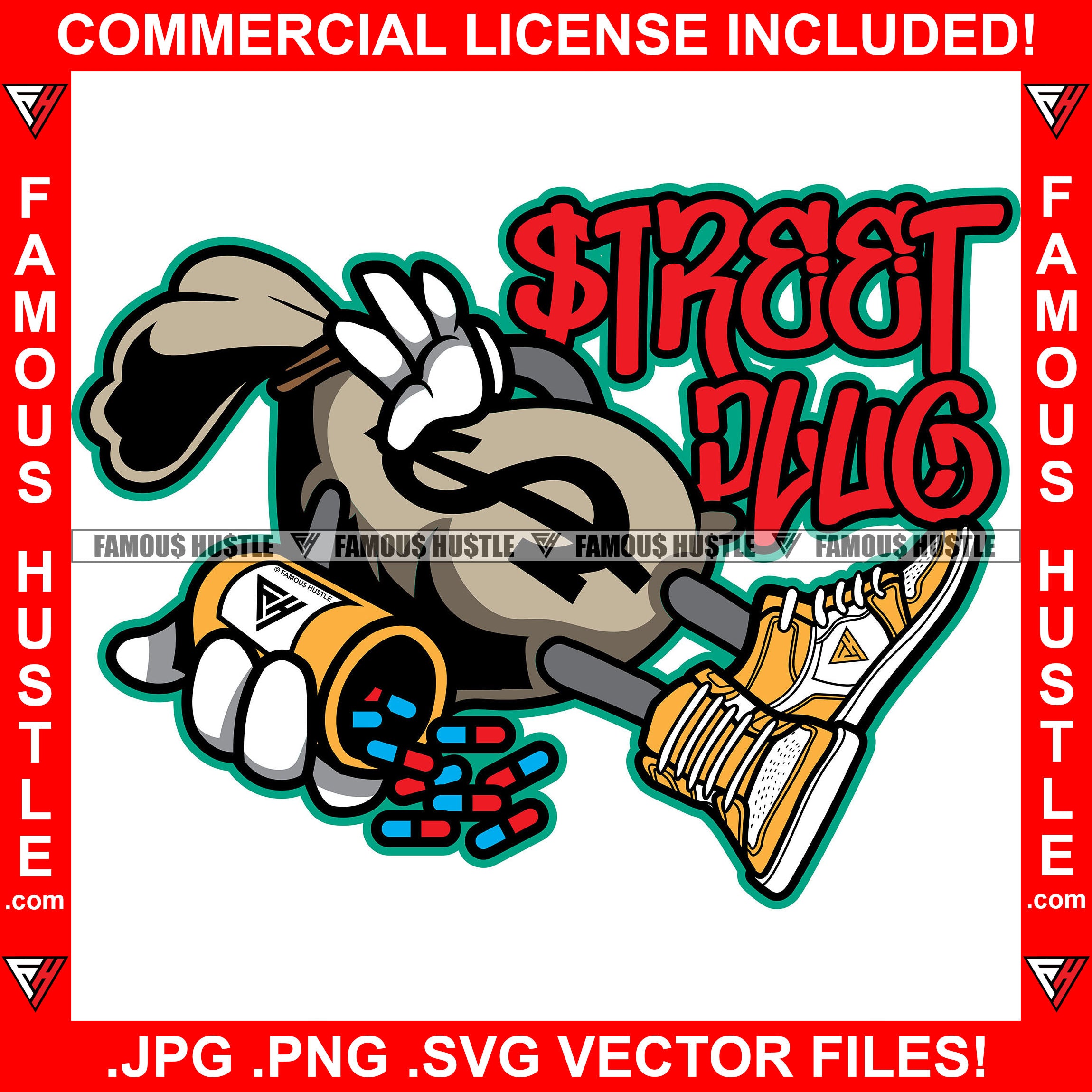Pill Bottle Cartoon Character Street Drug Dealer Gangster Cash Money Bag Sneakers Tattoo Hip Hop Rap Hustler Drip Trap Hood Thug Gang Street Ghetto Famous Hustle Quote Art Graphic Design Logo T-Shirt Print Printing JPG PNG SVG Vector Cut File