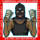 Gangster Black Man Ski Mask Two Cash Money Stacks Male Robber Face Mask Hip Hop Rap Rapper Plug Trap Street Hood Ghetto Swag Thug Hustler Hustling Drip Gang Member Famous Hustle Art Graphic Design Logo T-Shirt Print Printing JPG PNG SVG Vector Cut File