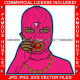 Smokin' Hot Sexy Gangster Woman Pink Ski Mask Female Smoking Gold Teeth Jewelry Gang Member Hip Hop Girl Rap Lady Street Hood Ghetto Swag Thug Hustling Flex Drip Dripping Art Graphic Design Logo T-Shirt Print Printing JPG PNG SVG Vector Cut File