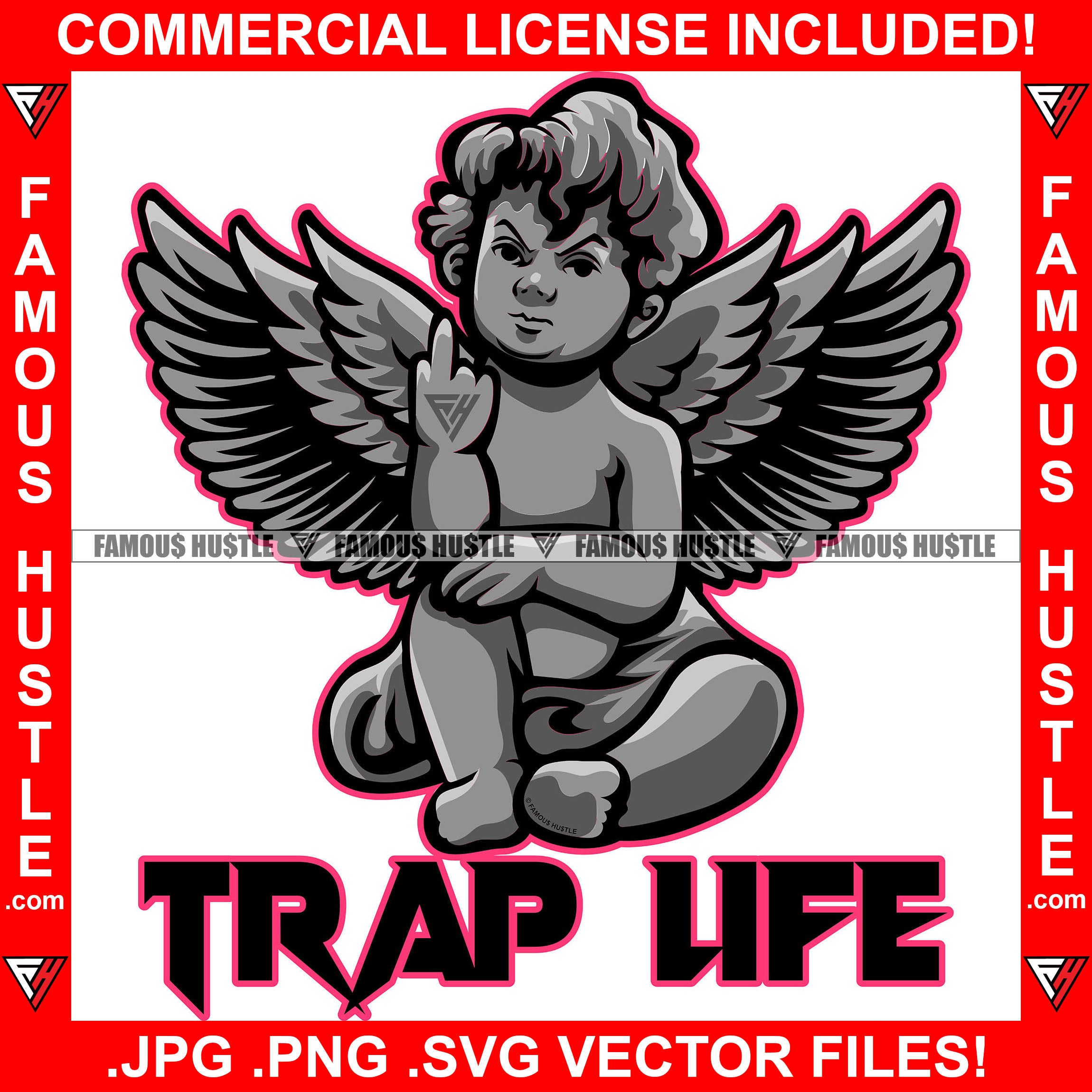 Trap Life Gangster Statue Angel Wings Showing Middle Finger Mean Face Gangster Famous Hustle Hip Hop Rap Rapper Plug Trap Street Hood Hustler Hustling Trapper Quote Art Graphic Design Logo T-Shirt Print Printing JPG PNG SVG Vector Cut File