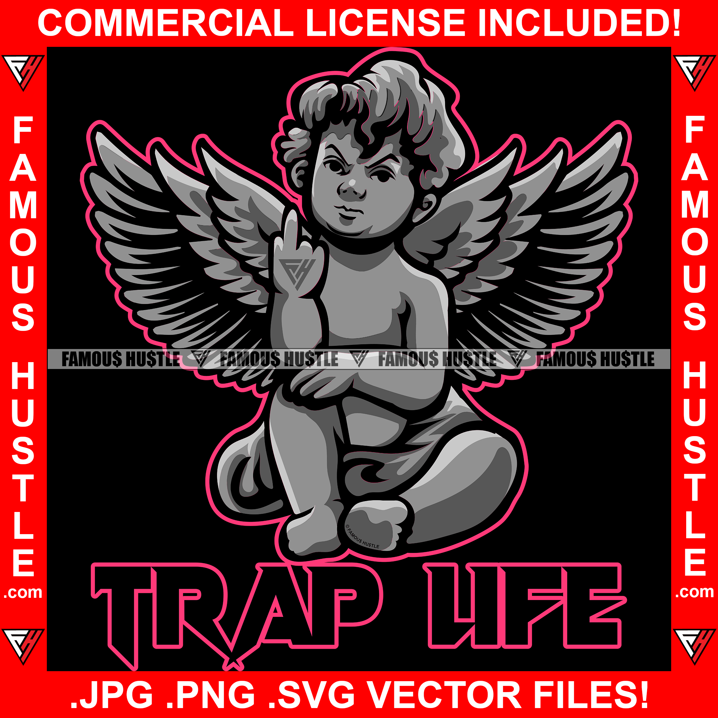 Trap Life Gangster Statue Angel Wings Showing Middle Finger Mean Face Gangster Famous Hustle Hip Hop Rap Rapper Plug Trap Street Hood Hustler Hustling Trapper Quote Art Graphic Design Logo T-Shirt Print Printing JPG PNG SVG Vector Cut File