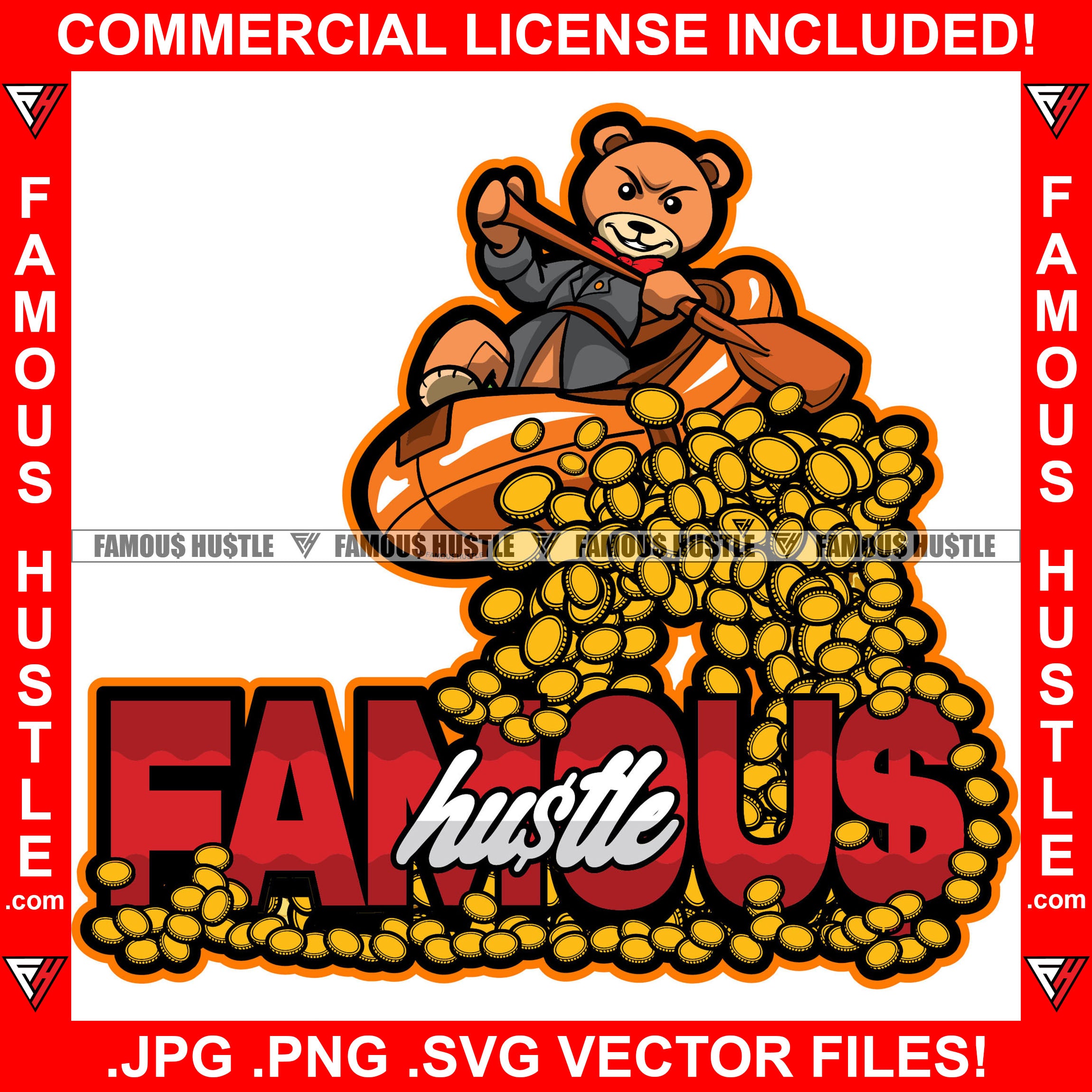 Famous Hustle Gangster Teddy Bear White Water Rafting In Gold Coins Rich Hustler Demon Rapper Dope Baller Trapper Hustling Mafia Mob Trap Trapper Quote Art Graphic Design Logo T-Shirt Print Printing JPG PNG SVG Vector Cut File