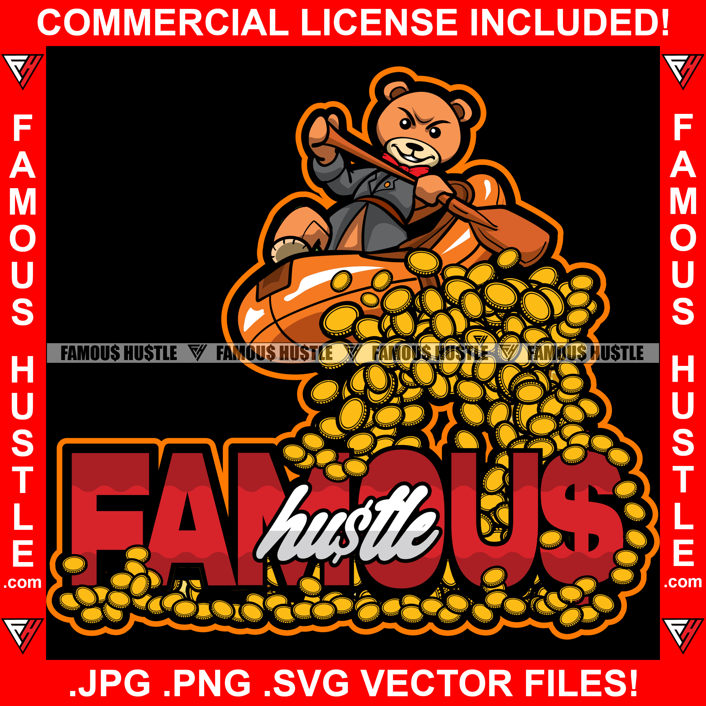 Famous Hustle Gangster Teddy Bear White Water Rafting In Gold Coins Rich Hustler Demon Rapper Dope Baller Trapper Hustling Mafia Mob Trap Trapper Quote Art Graphic Design Logo T-Shirt Print Printing JPG PNG SVG Vector Cut File