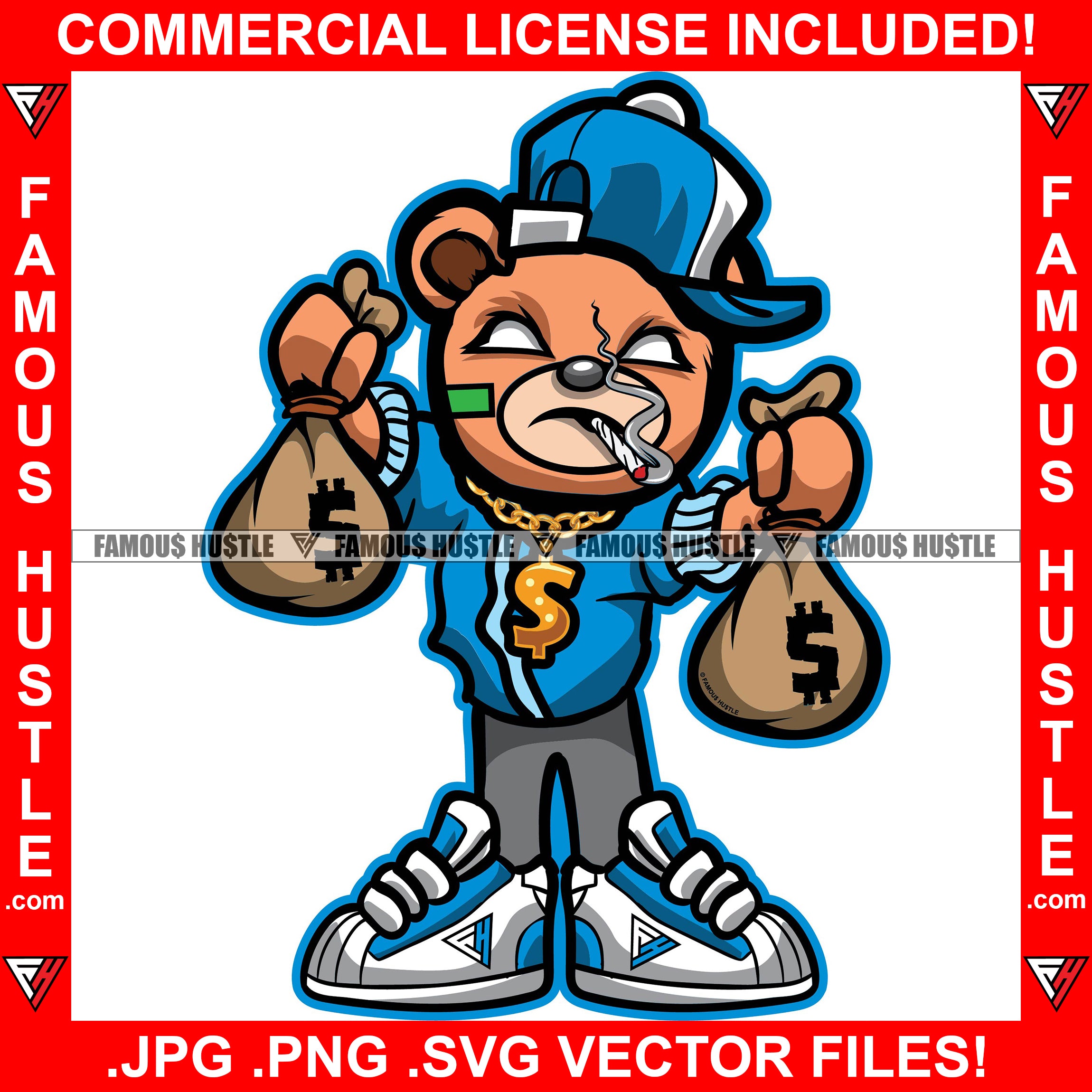 Gangster Teddy Bear Smoking Holding Cash Money Bags Gold Necklace Sneakers Hat To Side Hip Hop Rap Rapper Trap Street Hood Ghetto Swag Thug Hustler Hustling Famous Hustle Rich Art Graphic Design Logo T-Shirt Print Printing JPG PNG SVG Vector Cut File