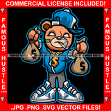 Gangster Teddy Bear Smoking Holding Cash Money Bags Gold Necklace Sneakers Hat To Side Hip Hop Rap Rapper Trap Street Hood Ghetto Swag Thug Hustler Hustling Famous Hustle Rich Art Graphic Design Logo T-Shirt Print Printing JPG PNG SVG Vector Cut File