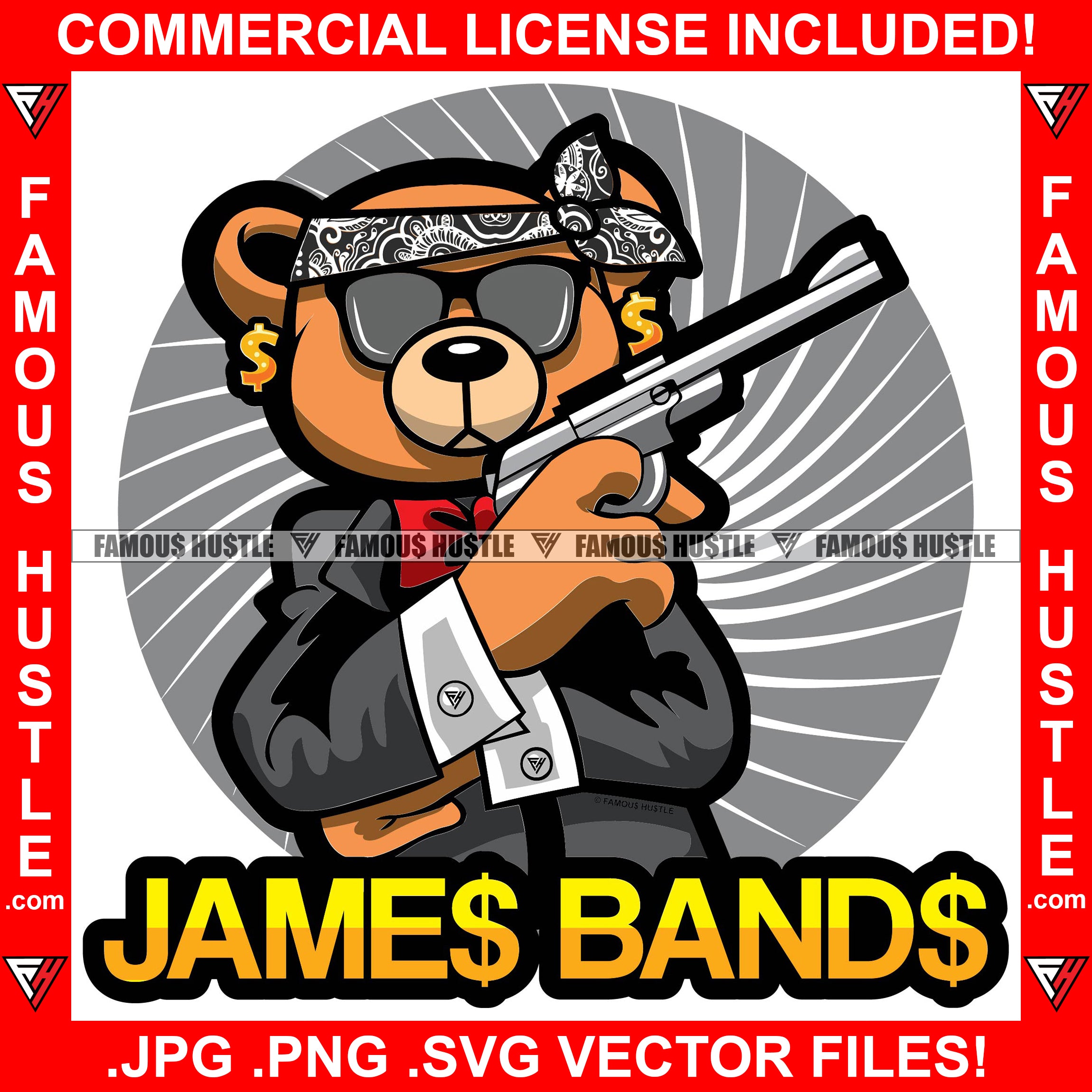 James Bands Gangster Teddy Bear Secret Agent Spy Suit Holding Vintage Gun Hip Hop Rap Rapper Plug Trap Street Hood Ghetto Swag Thug Hustler Hustling Drip Savage Famous Hustle Quote Art Graphic Design Logo T-Shirt Print Printing JPG PNG SVG Vector Cut File