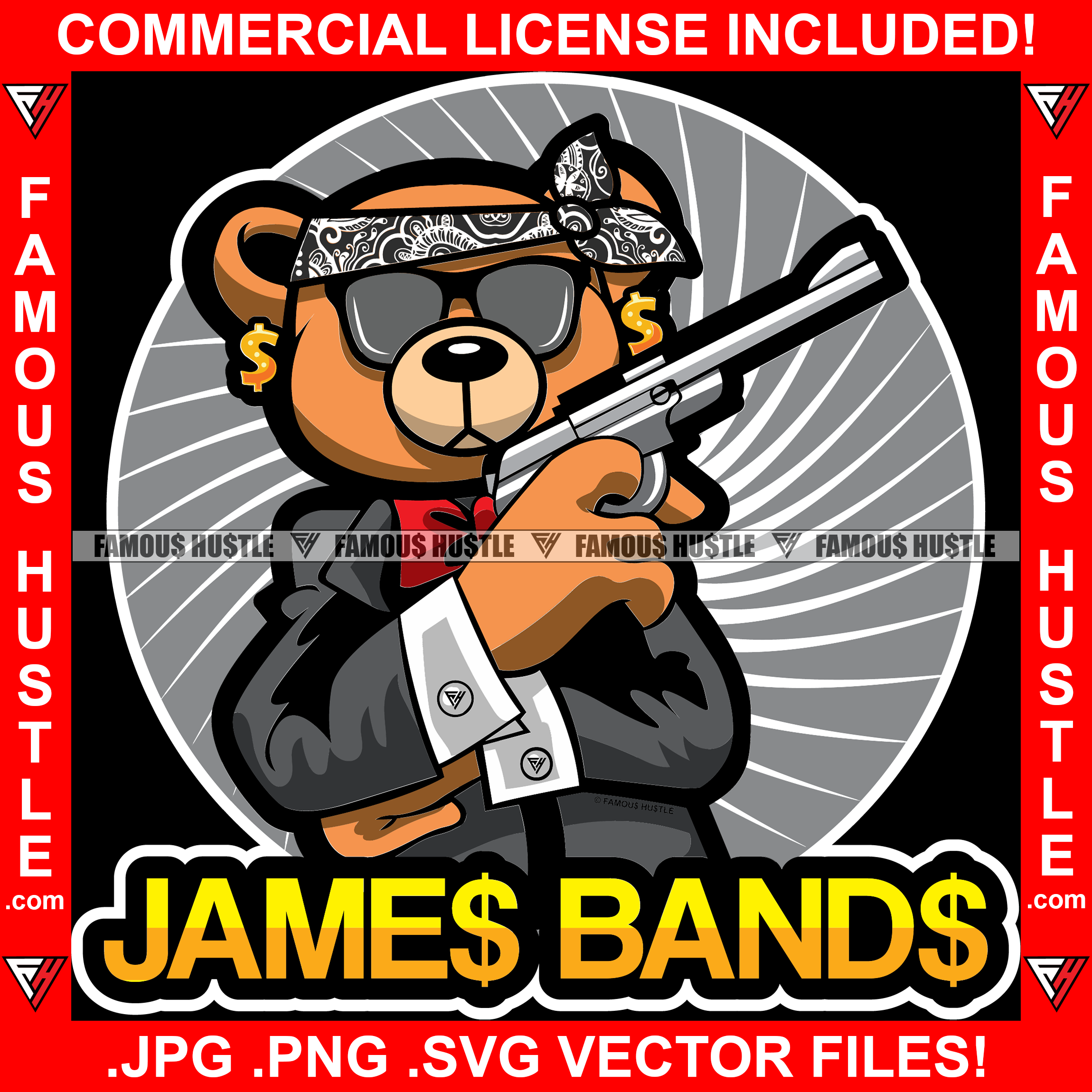 James Bands Gangster Teddy Bear Secret Agent Spy Suit Holding Vintage Gun Hip Hop Rap Rapper Plug Trap Street Hood Ghetto Swag Thug Hustler Hustling Drip Savage Famous Hustle Quote Art Graphic Design Logo T-Shirt Print Printing JPG PNG SVG Vector Cut File