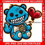 Scary Gangster Blue Teddy Bear Stitches Sharp Teeth Heart Balloon Showing Middle Finger Hip Hop Rap Plug Trap Street Hood Ghetto Swag Thug Hustler Hustling Drip Boss Famous Hustle Art Graphic Design Logo T-Shirt Print Printing JPG PNG SVG Vector Cut File