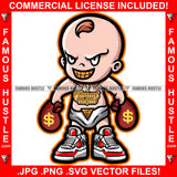 Famous Hustle Baby Boy Angry Mean Smile On Face Gold Jewelry Teeth Cash Money Bags Sneakers Hip Hop Rap Rapper Hustler Hustling Trap Trapper Art Graphic Design Logo T-Shirt Print Printing JPG PNG SVG Vector Cut File