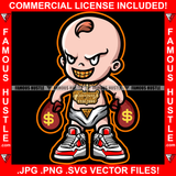 Famous Hustle Baby Boy Angry Mean Smile On Face Gold Jewelry Teeth Cash Money Bags Sneakers Hip Hop Rap Rapper Hustler Hustling Trap Trapper Art Graphic Design Logo T-Shirt Print Printing JPG PNG SVG Vector Cut File