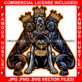 Three Famous Hustle King Gangster Killer Face Pitbull Dogs Hugging Gold Jewelry Sharp Nails Brown Eyes Hip Hop Rap Hood Ghetto Swag Hustler Hustling Drip Goon Savage Gang Member Art Graphic Design Logo Print Printing Vector SVG Cut File