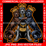 Three Famous Hustle King Gangster Killer Face Pitbull Dogs Hugging Gold Jewelry Sharp Nails Brown Eyes Hip Hop Rap Hood Ghetto Swag Hustler Hustling Drip Goon Savage Gang Member Art Graphic Design Logo Print Printing Vector SVG Cut File