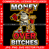 Money Over Bitches  King Gangster 100 Dollar Bill Money Roll Sneakers Cash Bag Baseball Bat Hip Hop Rap Drip Plug Trap Hood Tattoo Cartoon Character Ghetto Famous Hustle Quote Art Graphic Design Logo Print Printing Vector SVG Cut File