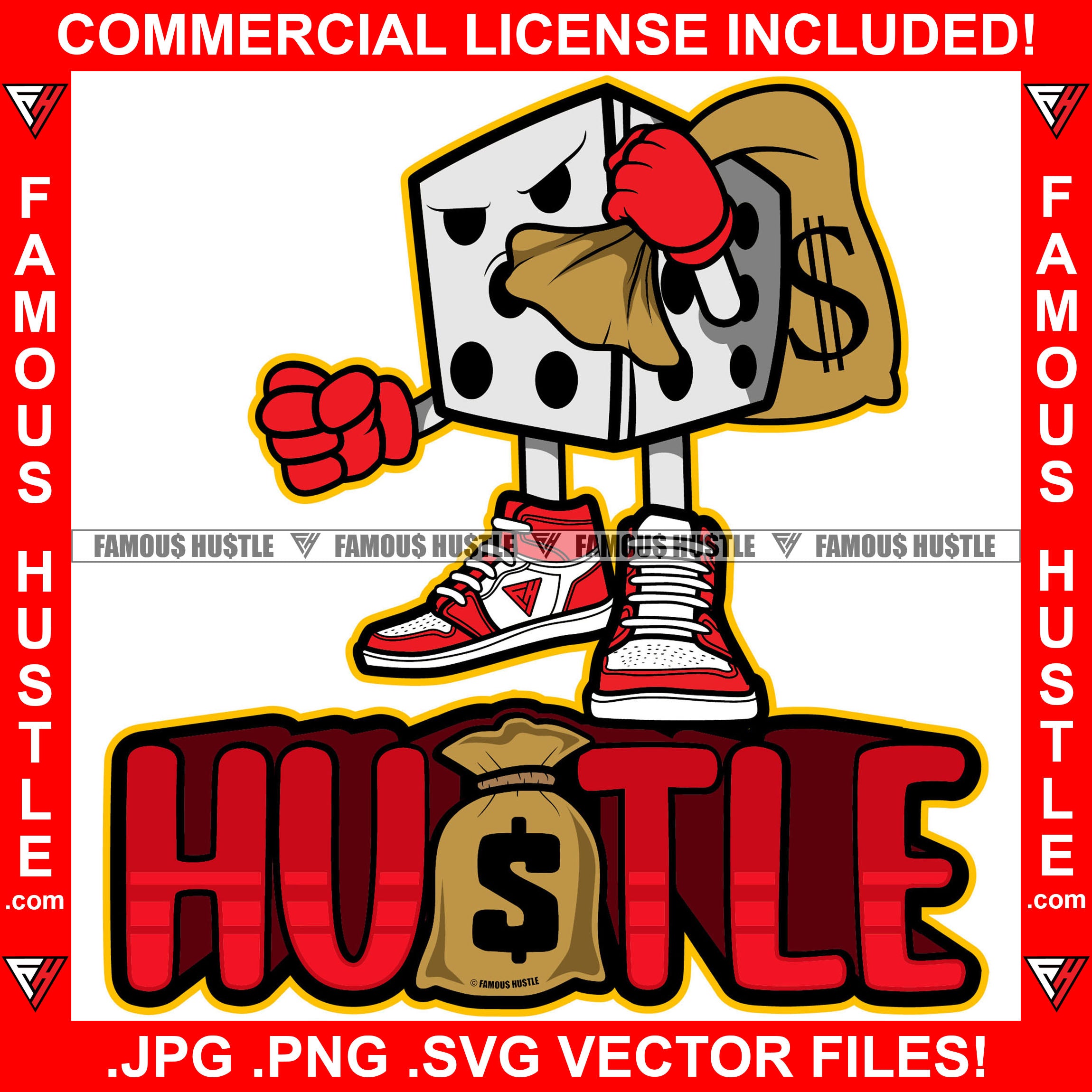 Hustle Gangster Angry Dice Cartoon Character Cash Money Bag Tattoo Hip Hop Rap Hustler Boss Drip Swag Plug Trap Hood Thug Gang Street Mafia Mob Trapper Quote Art Graphic Design Logo T-Shirt Print Printing JPG PNG SVG Vector Cut File