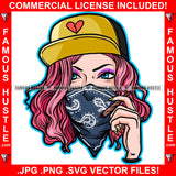 Famous Hustle Sexy Hot Lady Face Bandanna Cap Cigar Smoking Pink Hair Hip Hop Rap Rapper Plug Trap Street Hood Ghetto Swag Thug Hustler Hustling Baller Trapper Art Graphic Design Logo T-Shirt Print Printing JPG PNG SVG Vector Cut File