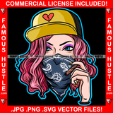 Famous Hustle Sexy Hot Lady Face Bandanna Cap Cigar Smoking Pink Hair Hip Hop Rap Rapper Plug Trap Street Hood Ghetto Swag Thug Hustler Hustling Baller Trapper Art Graphic Design Logo T-Shirt Print Printing JPG PNG SVG Vector Cut File
