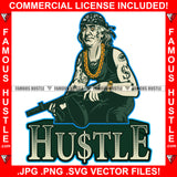 Hustle Gangster President Ben Franklin Face Tattoos Bandanna Machine Gun Gold Chain Hip Hop Rap Rapper Plug Trap Street Hood Ghetto Swag Thug Hustler Hustling Drip Savage Gangsta Famous Rich Art Graphic Design Print Printing Vector SVG Cut File