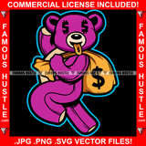 Pink Gangster Teddy Bear Dollar Sign Eyes Money Sticking Green Tongue Out Stealing Cash Money Bag Hip Hop Rap Rapper Plug Trap Street Hood Ghetto Hustler Hustling Art Graphic Design Logo T-Shirt Print Printing JPG PNG SVG Vector Cut File