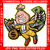 Gangster Money Bag Cartoon Character Boss Scar Face Dollar Sign Eyes Angel Wings Cash Money Bag Tattoo Hip Hop Rap Boss Drip Trap Hood Thug Gang Street Mafia Mob Hitman Famous Hustle Art Graphic Design Logo Print Printing Vector SVG Cut File