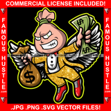 Gangster Money Bag Cartoon Character Boss Scar Face Dollar Sign Eyes Angel Wings Cash Money Bag Tattoo Hip Hop Rap Boss Drip Trap Hood Thug Gang Street Mafia Mob Hitman Famous Hustle Art Graphic Design Logo Print Printing Vector SVG Cut File