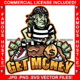 Get Money Gangster President Ben Franklin Face Tattoos Bandanna Skull Cap Mud Muddy Cash Bag Sneakers Hip Hop Rap Rapper Plug Trap Hood Ghetto Swag Thug Hustler Hustling Drip Famous Hustle Rich Quote Art Graphic Design Print Printing Vector SVG Cut File