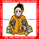 Gangster Man Hockey Mask Dread Locks Mud Muddy Hands Cash Money Bag Blood Eyes Dripping Hip Hop Rap Rapper Plug Trap Hood Ghetto Swag Thug Hustler Hustling Drip Famous Hustle Rich Art Graphic Design Print Printing Vector SVG Cut File