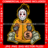 Gangster Man Hockey Mask Dread Locks Mud Muddy Hands Cash Money Bag Blood Eyes Dripping Hip Hop Rap Rapper Plug Trap Hood Ghetto Swag Thug Hustler Hustling Drip Famous Hustle Rich Art Graphic Design Print Printing Vector SVG Cut File