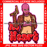 No Heart Dripping Sexy Gangster Lady Female Pink Ski Mask Sexy Dress Gold Gun Red Nails Hip Hop Rap Plug Trap Street Hood Ghetto Hustler Hustling Drip Rich Thug Famous Hustle Quote Art Graphic Design Logo Print Printing Vector SVG Cut File