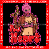 No Heart Dripping Sexy Gangster Lady Female Pink Ski Mask Sexy Dress Gold Gun Red Nails Hip Hop Rap Plug Trap Street Hood Ghetto Hustler Hustling Drip Rich Thug Famous Hustle Quote Art Graphic Design Logo Print Printing Vector SVG Cut File