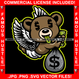 Cash Only Gangster Teddy Bear Angel Wings Dollar Sign Eyes Tongue Sticky Green Mean Face Tattoo Hip Hop Rap Hustler Famous Hustle Art Graphic Design Logo T-Shirt Print Printing JPG PNG SVG Vector Cut File
