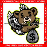 Cash Only Gangster Teddy Bear Angel Wings Dollar Sign Eyes Tongue Sticky Green Mean Face Tattoo Hip Hop Rap Hustler Famous Hustle Art Graphic Design Logo T-Shirt Print Printing JPG PNG SVG Vector Cut File