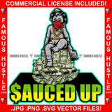 Sauced Up Statue Red Bandanna Face Mask Gold Necklace Sitting On Cash Money Bundles Stack Hip Hop Rap Plug Trap Street Hood Ghetto Swag Thug Famous Hustle Baller Trapper Quote Art Graphic Design Logo T-Shirt Print Printing JPG PNG SVG Vector Cut File