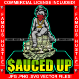 Sauced Up Statue Red Bandanna Face Mask Gold Necklace Sitting On Cash Money Bundles Stack Hip Hop Rap Plug Trap Street Hood Ghetto Swag Thug Famous Hustle Baller Trapper Quote Art Graphic Design Logo T-Shirt Print Printing JPG PNG SVG Vector Cut File