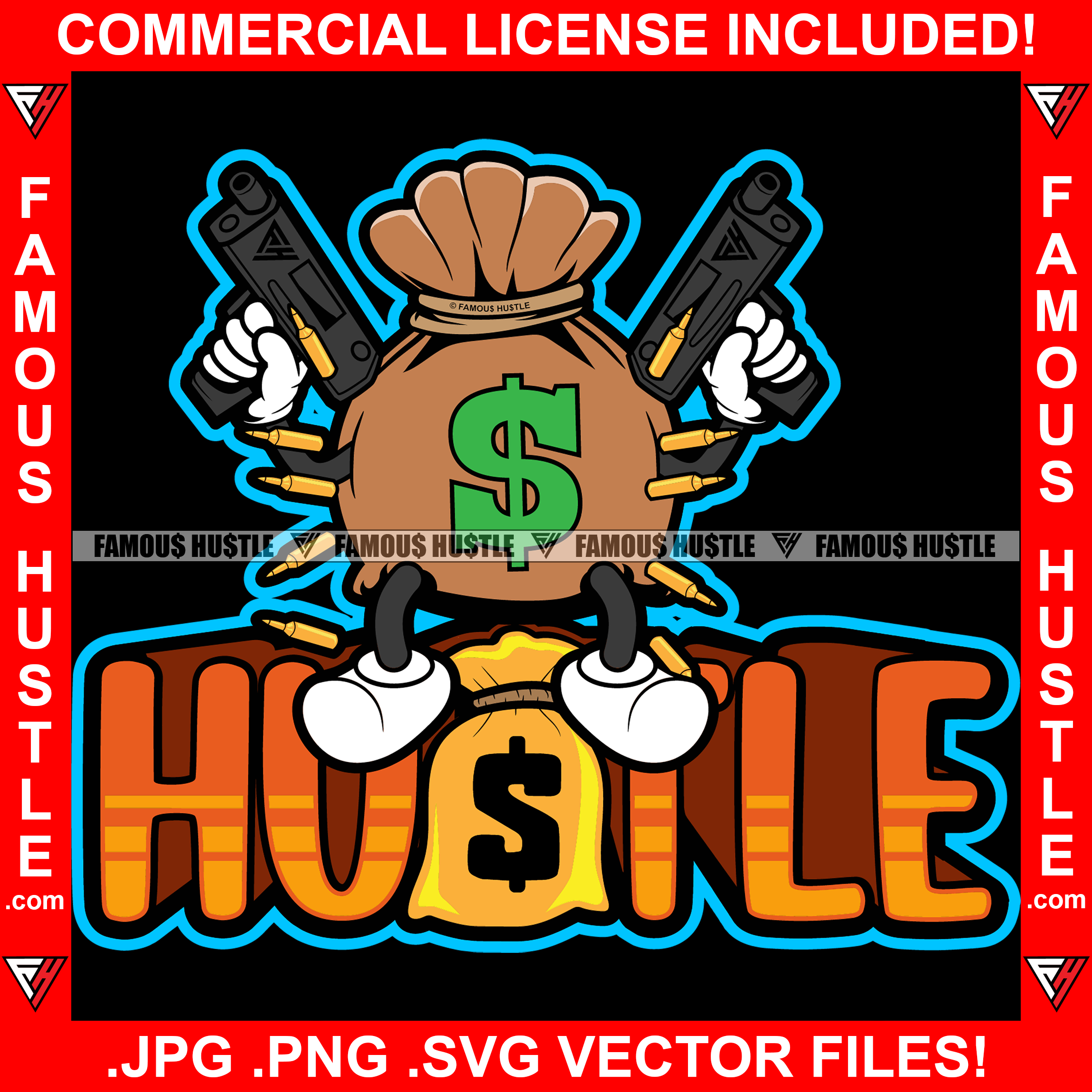 Hustle Cash Money Bag Gangster Cartoon Character Holding Guns Shooting –  famoushustle