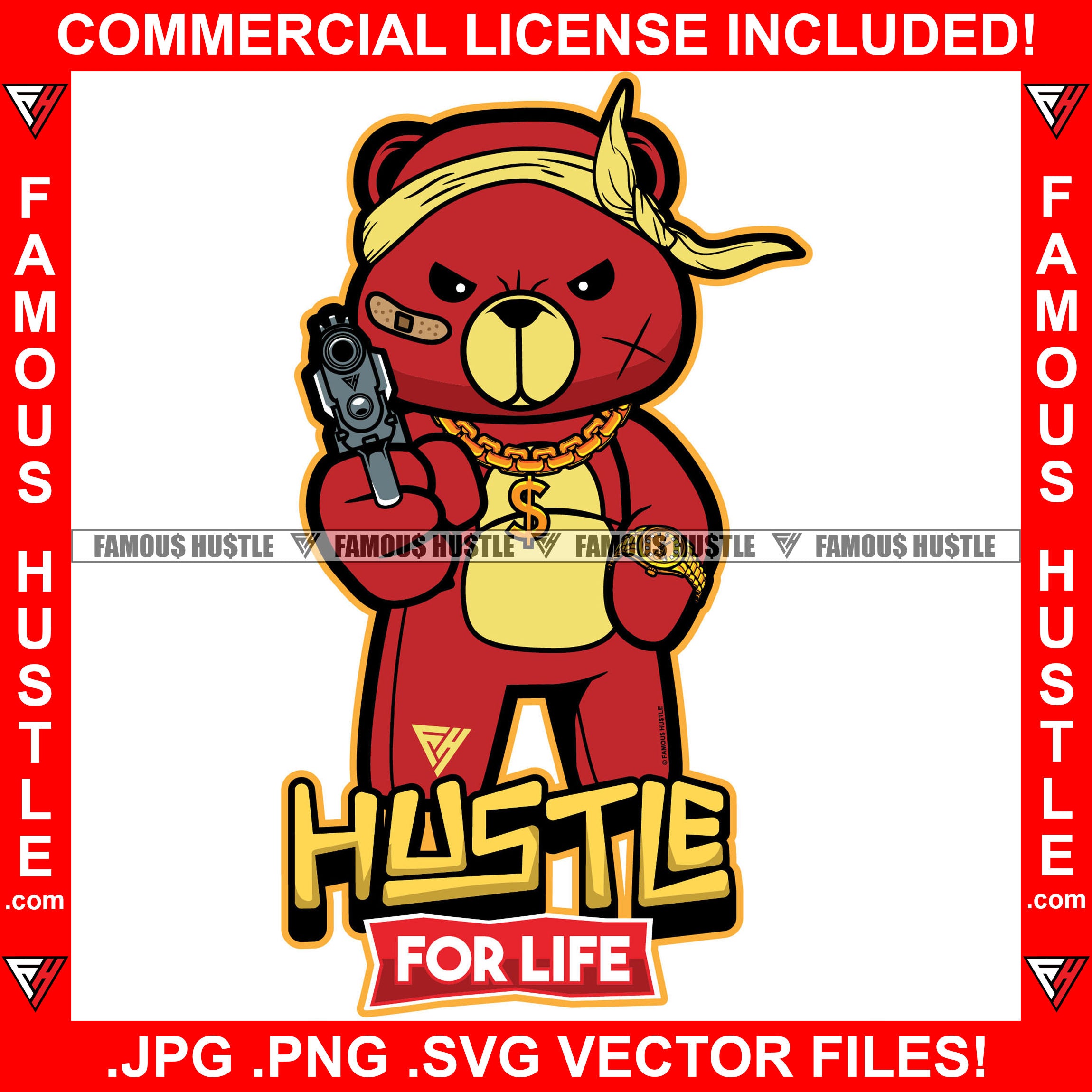 Hustle For Life Gangster Teddy Bear Burglar Mask Scar Face Gun Gold Chain Necklace Tattoo Hip Hop Rap Rapper Plug Trap Street Hood Ghetto Thug Hustler Hustling Drip Famous Quote Art Graphic Design Logo T-Shirt Print Printing JPG PNG SVG Vector Cut File